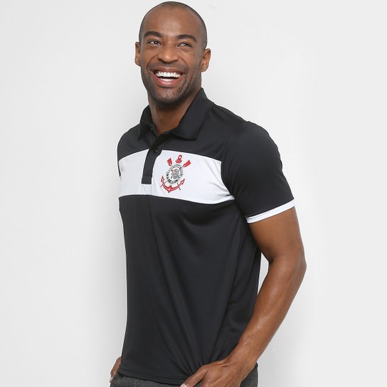 Camisa Polo Corinthians Faixa Masculina - Preto+Branco