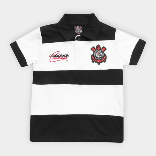 Camisa Polo Infantil Corinthians Democracia 1983 - Preto+Branco