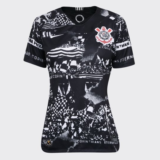 Camisa Corinthians III 19/20 Torcedor s/nº Nike Feminina - Invasões - Onde Houver Corinthians - Preto+Branco