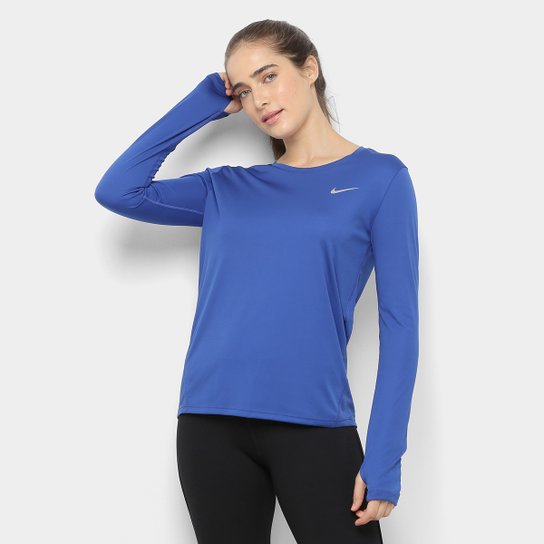 Camiseta Manga Longa Nike Dri Fit Miler Feminina Marinho Shop